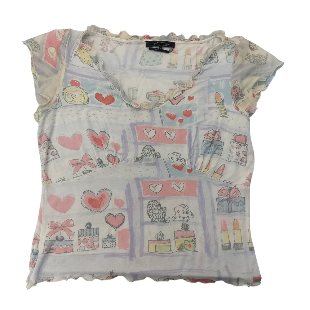 Max Mara Weekend Line Novelty‎ Print Ruffle V-Neck Top Lipstick Heart Italian L